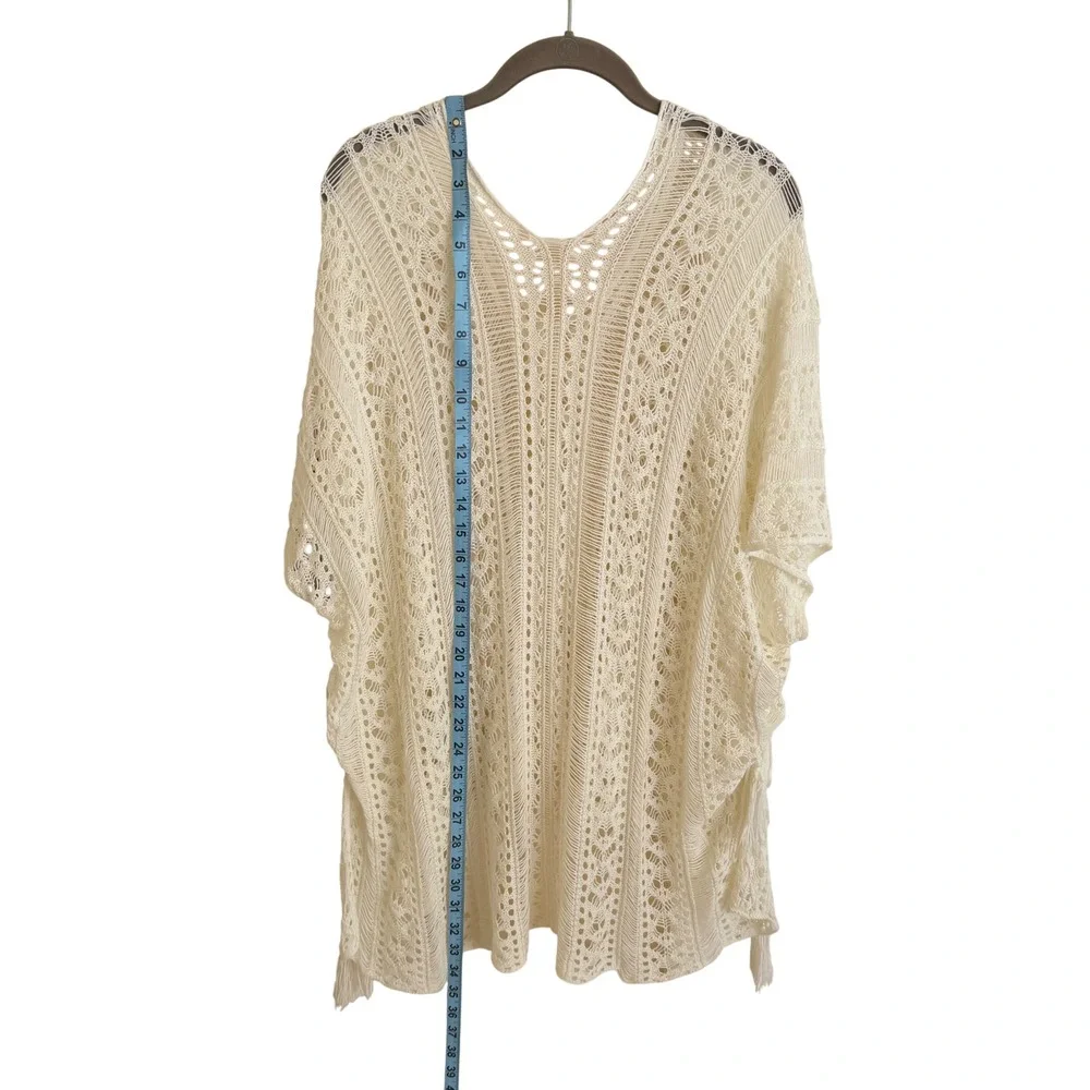 Boho Cream Crochet Knit Poncho V-Neck Sweater Beach Cover-Up One Size Coastal
